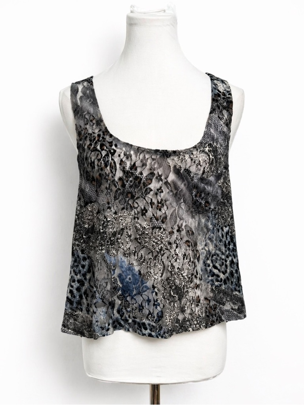 Sheer Abstract Lace Tank Top Blue Grey Animal Print Flowy Y2K